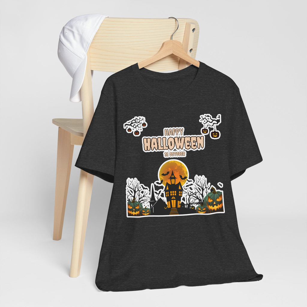 Halloween Haunted House T-Shirt — "Happy Halloween" Pumpkin Spooky Tee