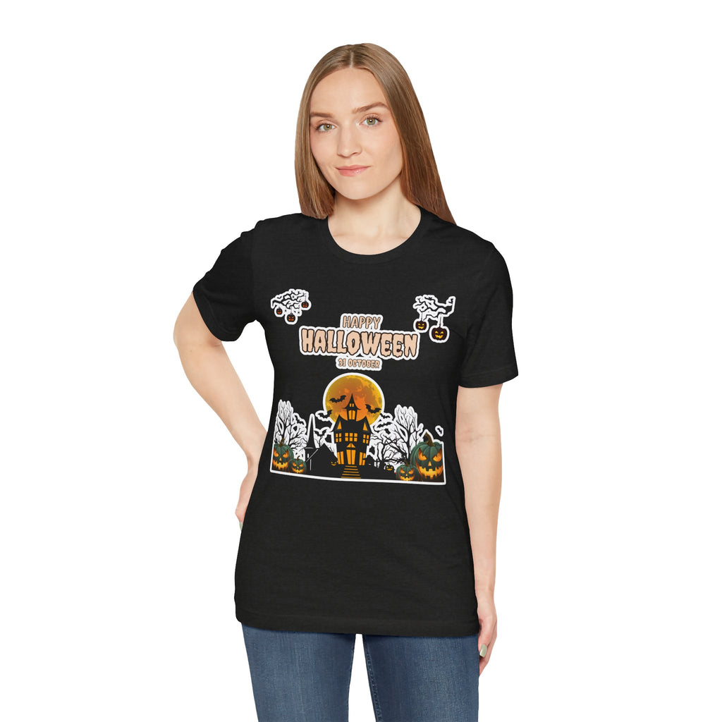 Halloween Haunted House T-Shirt — "Happy Halloween" Pumpkin Spooky Tee