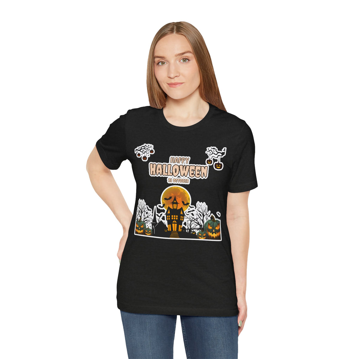 Halloween Haunted House T-Shirt — "Happy Halloween" Pumpkin Spooky Tee
