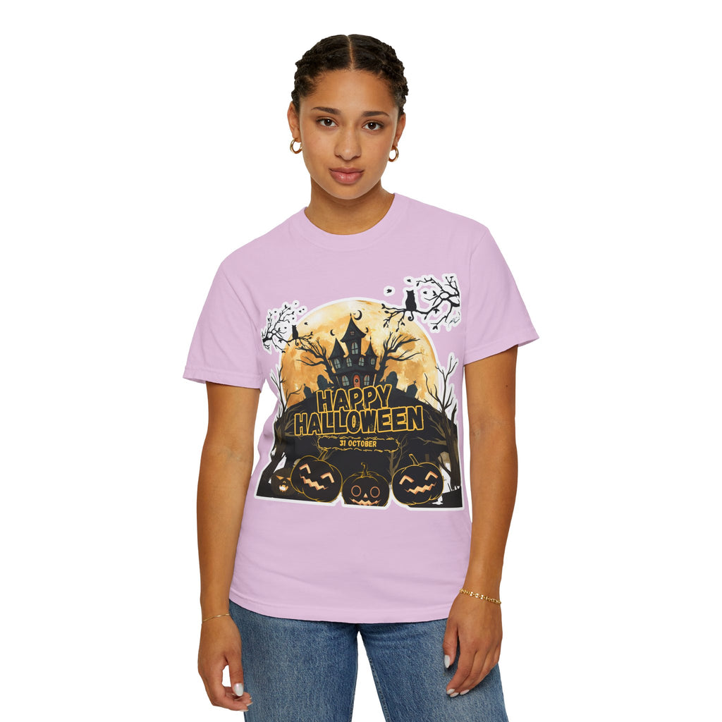 Halloween Haunted House T-Shirt — "Happy Halloween" Pumpkin Graphic Tee