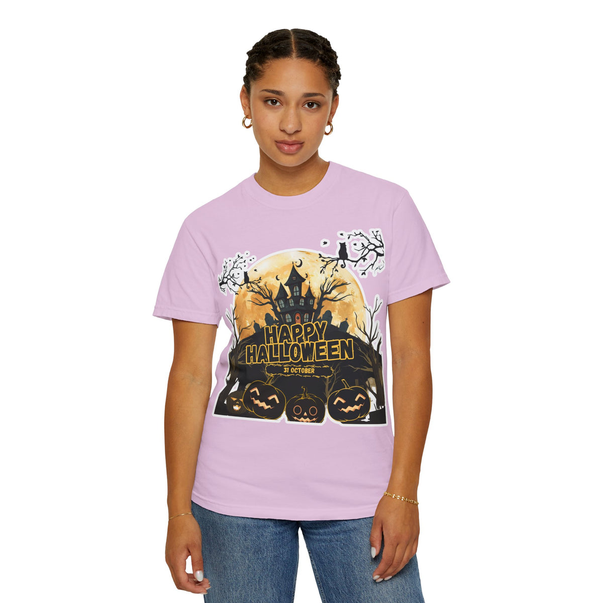 Halloween Haunted House T-Shirt — "Happy Halloween" Pumpkin Graphic Tee