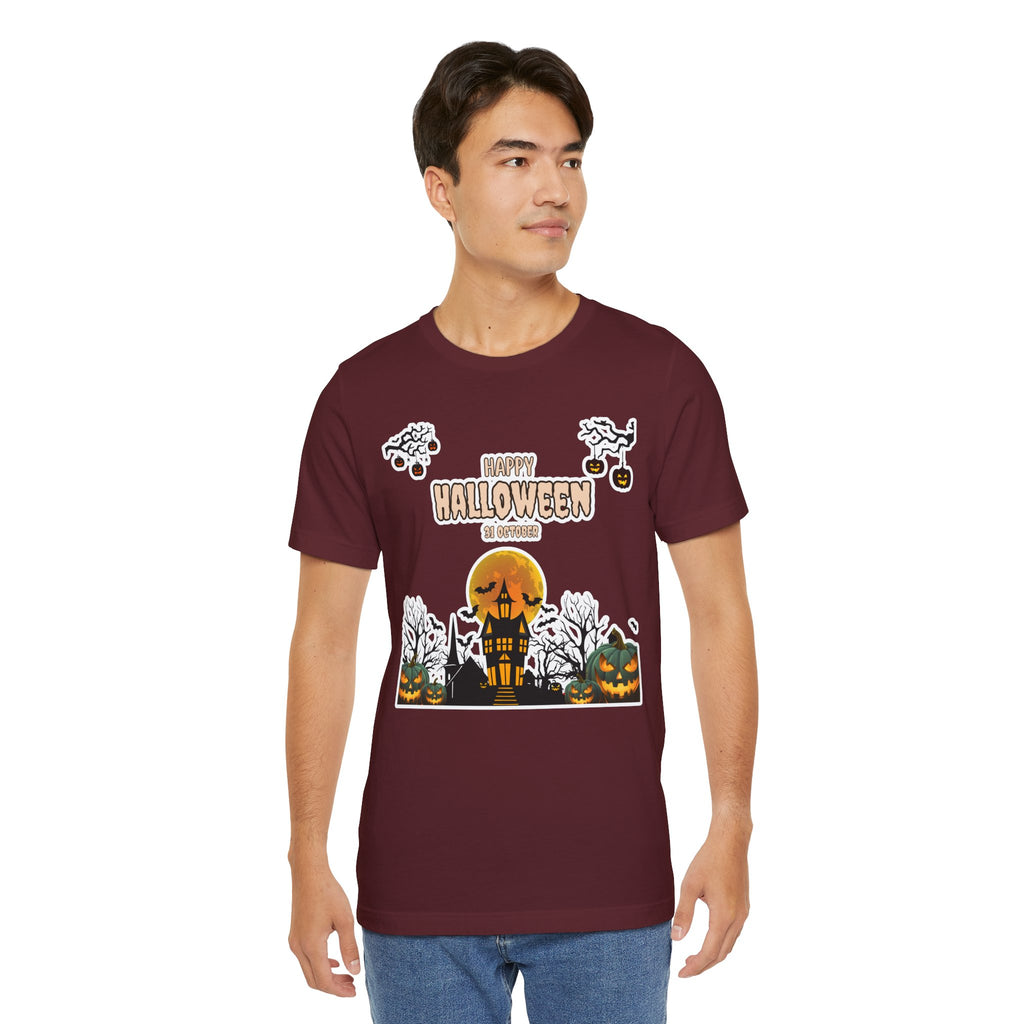 Halloween Haunted House T-Shirt — "Happy Halloween" Pumpkin Spooky Tee