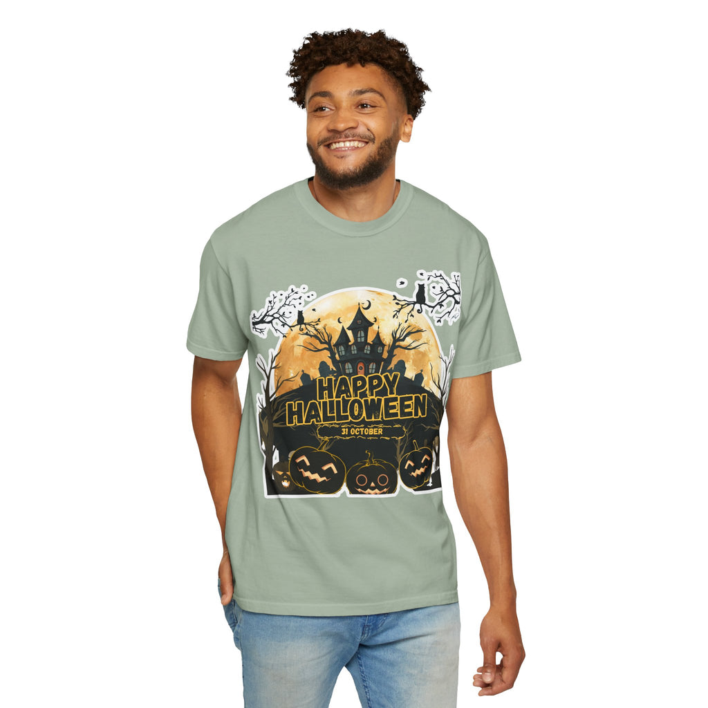 Halloween Haunted House T-Shirt — "Happy Halloween" Pumpkin Graphic Tee