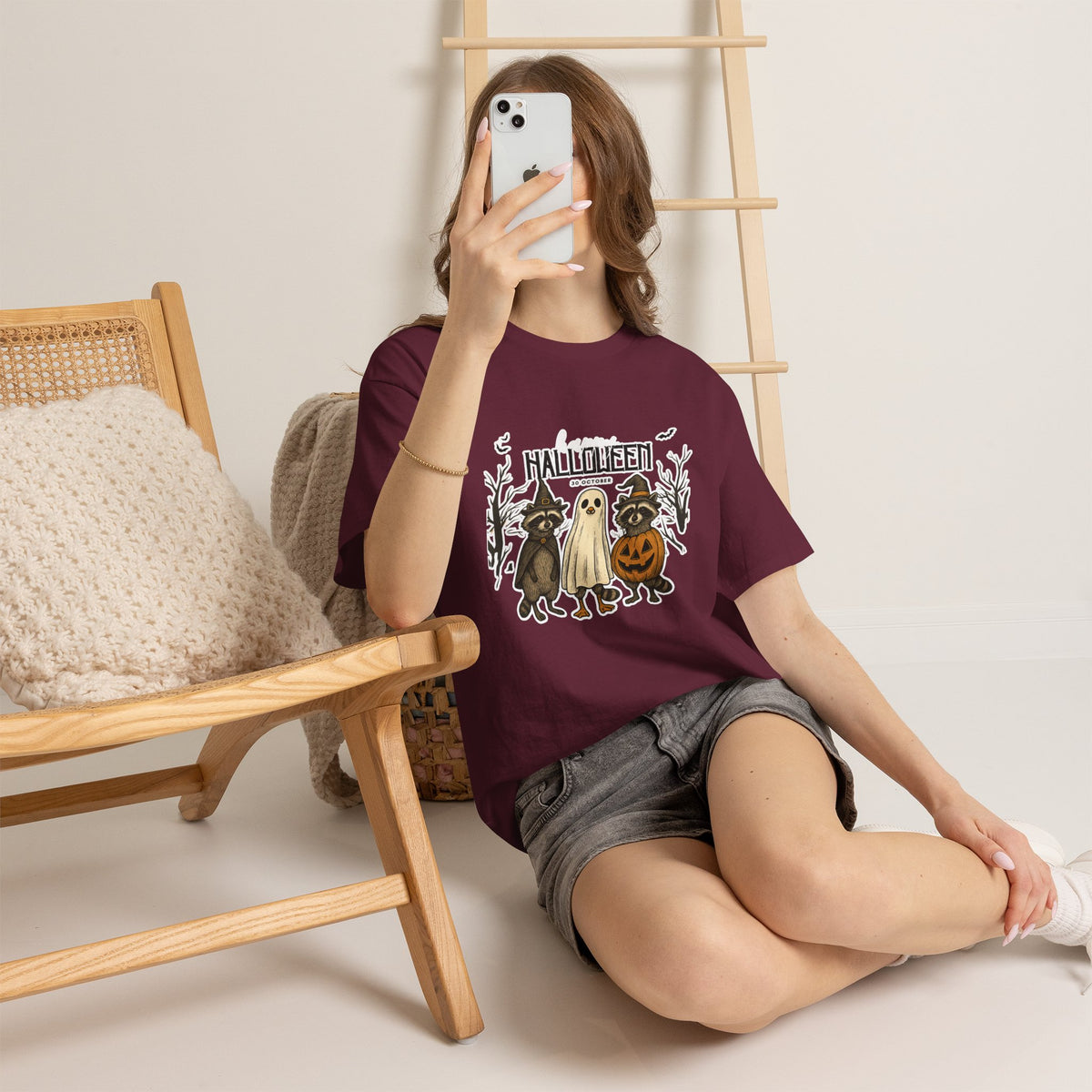 Halloween Raccoon Ghost Pumpkin T‑Shirt — Cute Spooky Costume Trio Tee