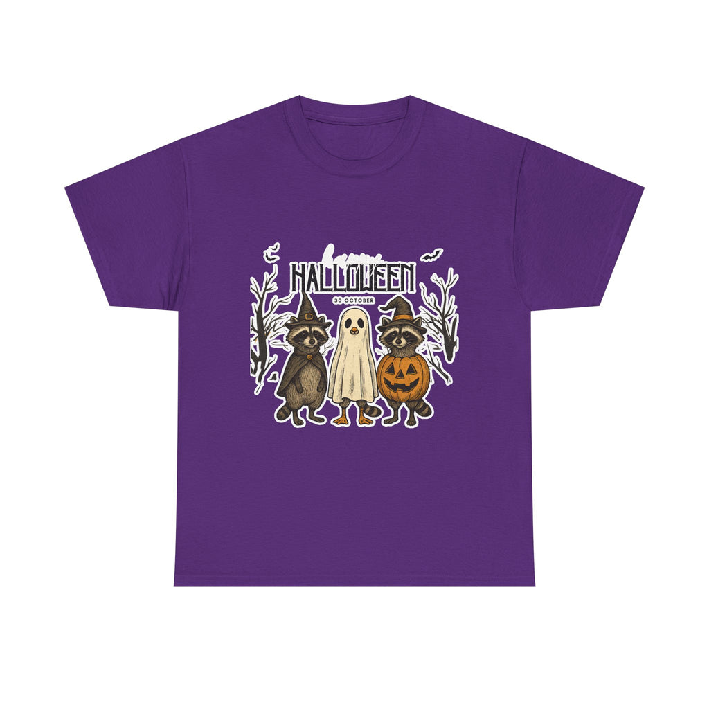 Halloween Raccoon Ghost Pumpkin T‑Shirt — Cute Spooky Costume Trio Tee