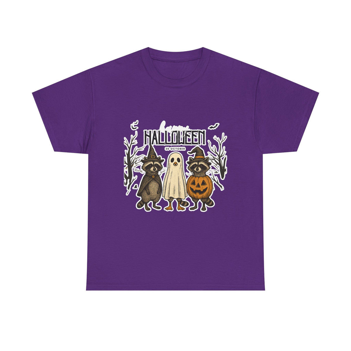 Halloween Raccoon Ghost Pumpkin T‑Shirt — Cute Spooky Costume Trio Tee