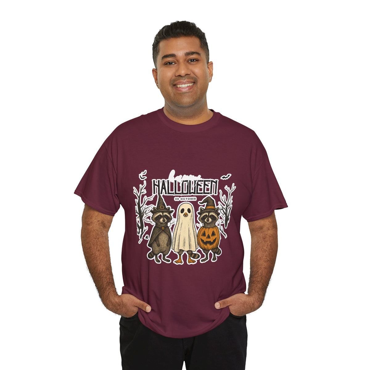 Halloween Raccoon Ghost Pumpkin T‑Shirt — Cute Spooky Costume Trio Tee