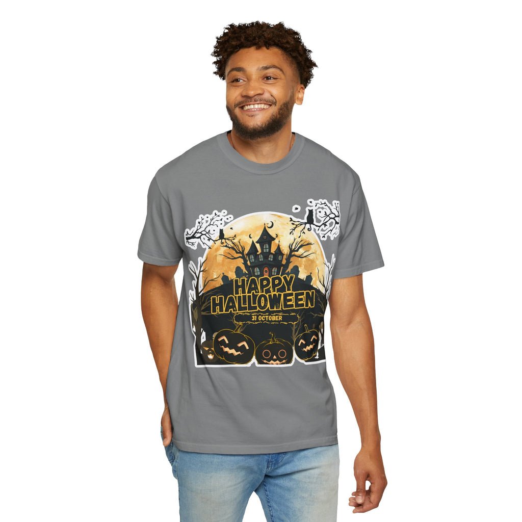 Halloween Haunted House T-Shirt — "Happy Halloween" Pumpkin Graphic Tee