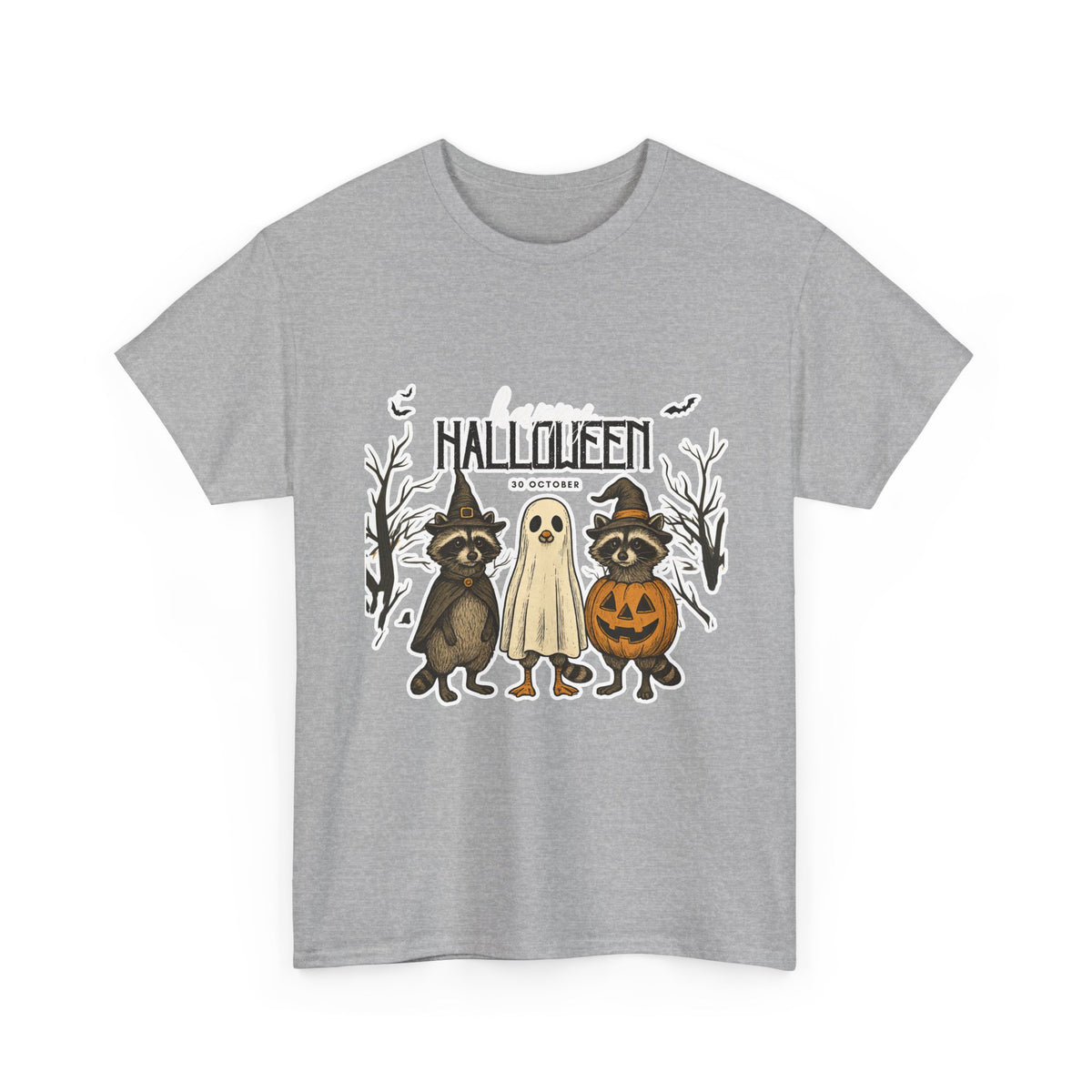Halloween Raccoon Ghost Pumpkin T‑Shirt — Cute Spooky Costume Trio Tee