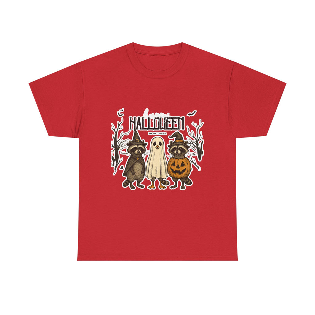Halloween Raccoon Ghost Pumpkin T‑Shirt — Cute Spooky Costume Trio Tee