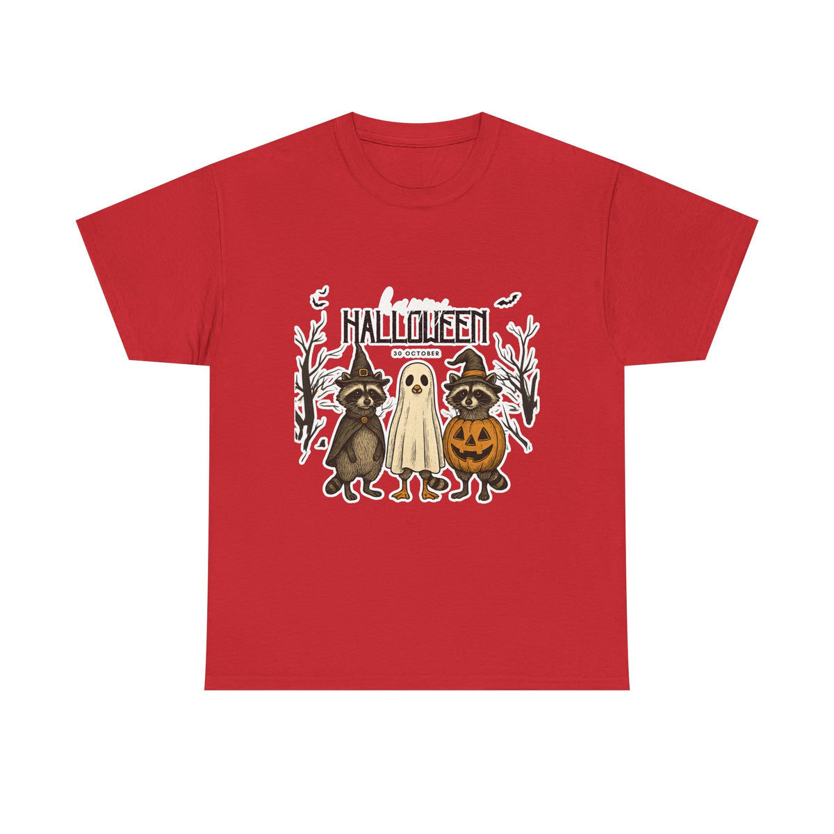 Halloween Raccoon Ghost Pumpkin T‑Shirt — Cute Spooky Costume Trio Tee