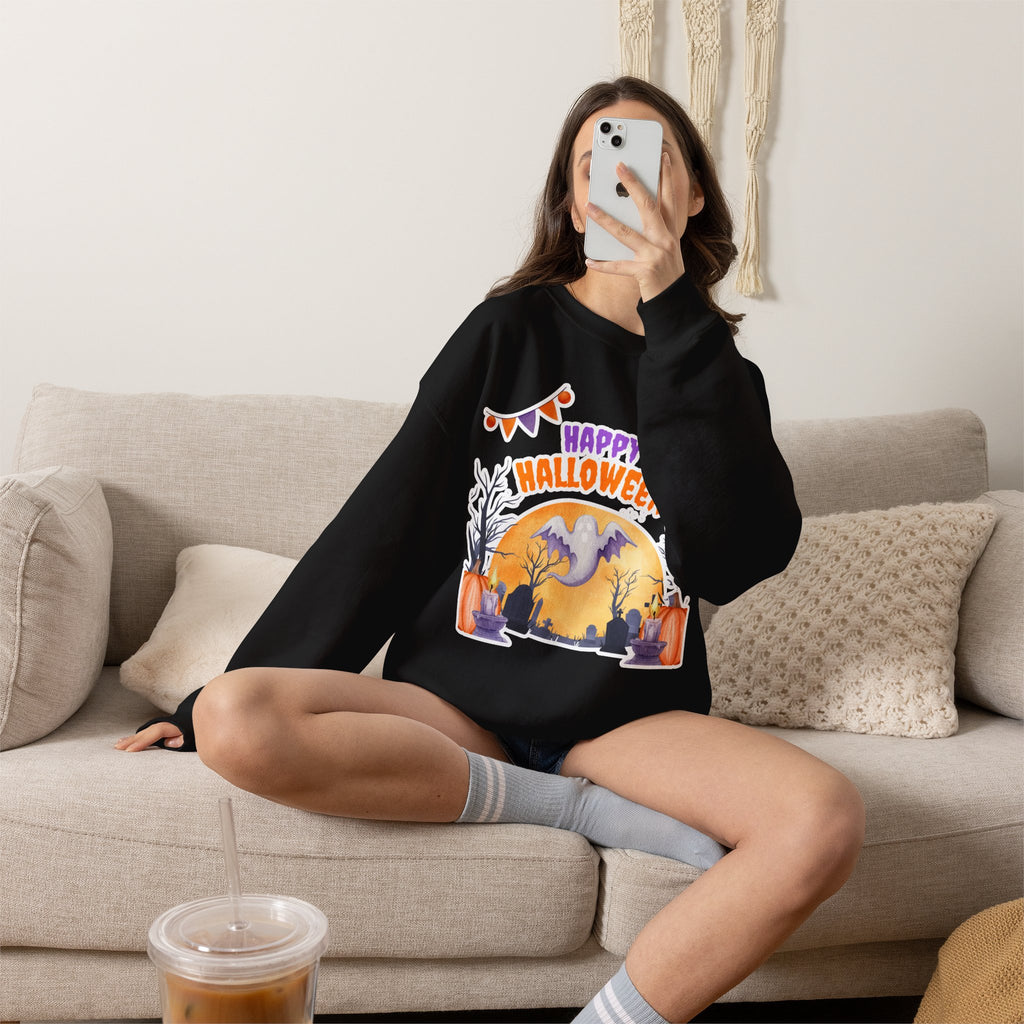 Happy Halloween Crewneck Sweatshirt — Cute Ghost Pumpkin Halloween Sweater