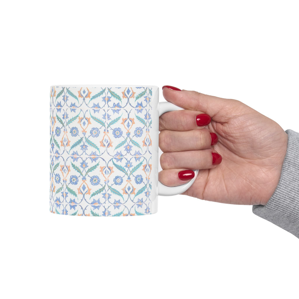 Floral Tile Pattern Ceramic Mug – Blue & Orange Decorative Coffee Cup (11oz/15oz)