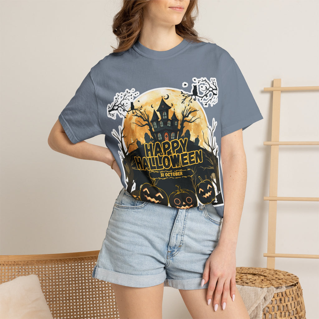 Halloween Haunted House T-Shirt — "Happy Halloween" Pumpkin Graphic Tee