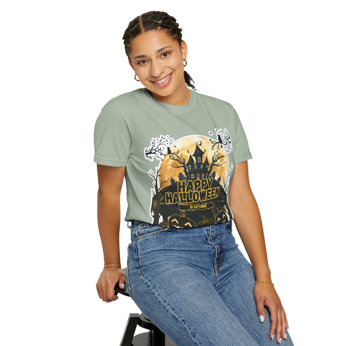 Halloween Haunted House T-Shirt — "Happy Halloween" Pumpkin Graphic Tee