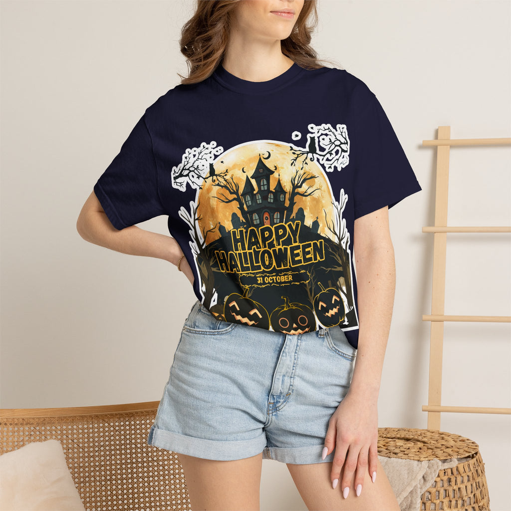 Halloween Haunted House T-Shirt — "Happy Halloween" Pumpkin Graphic Tee