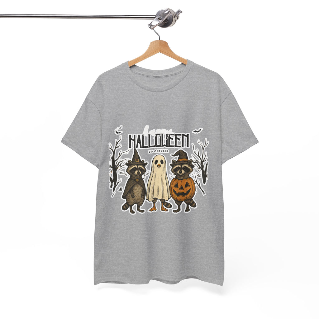 Halloween Raccoon Ghost Pumpkin T‑Shirt — Cute Spooky Costume Trio Tee