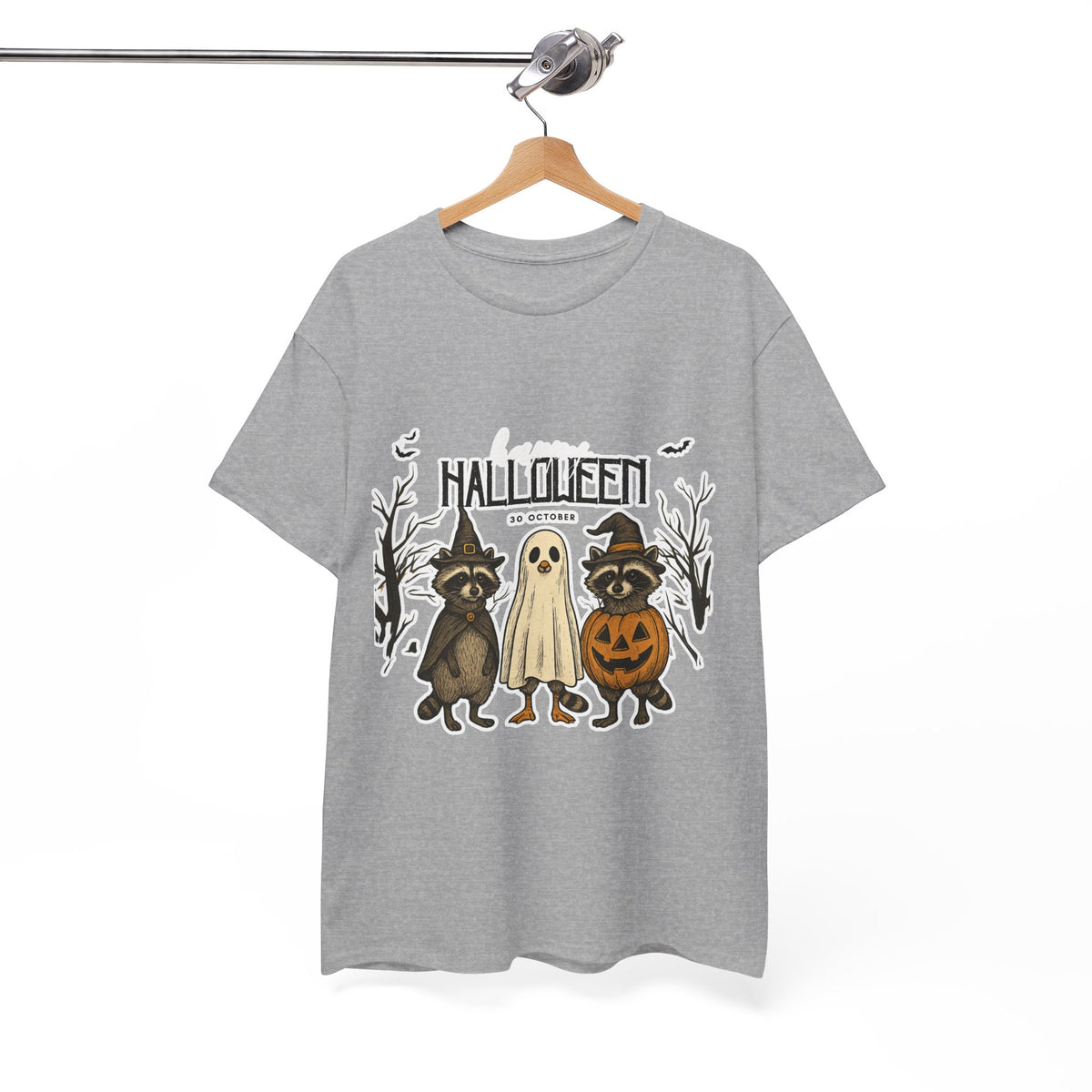 Halloween Raccoon Ghost Pumpkin T‑Shirt — Cute Spooky Costume Trio Tee