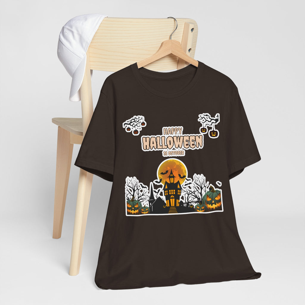 Halloween Haunted House T-Shirt — "Happy Halloween" Pumpkin Spooky Tee