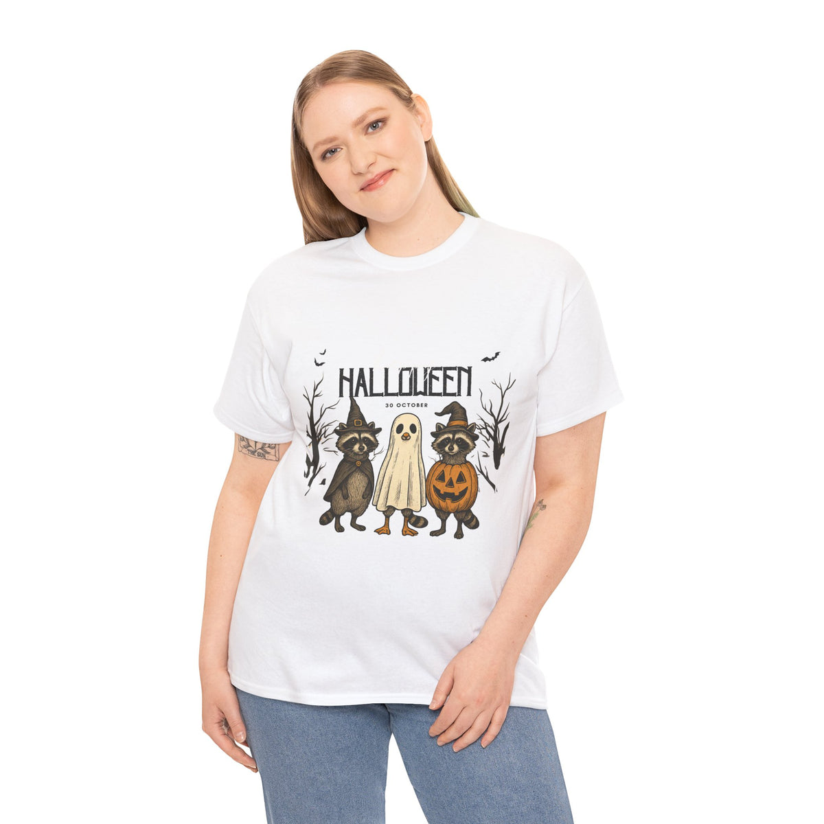 Halloween Raccoon Ghost Pumpkin T‑Shirt — Cute Spooky Costume Trio Tee
