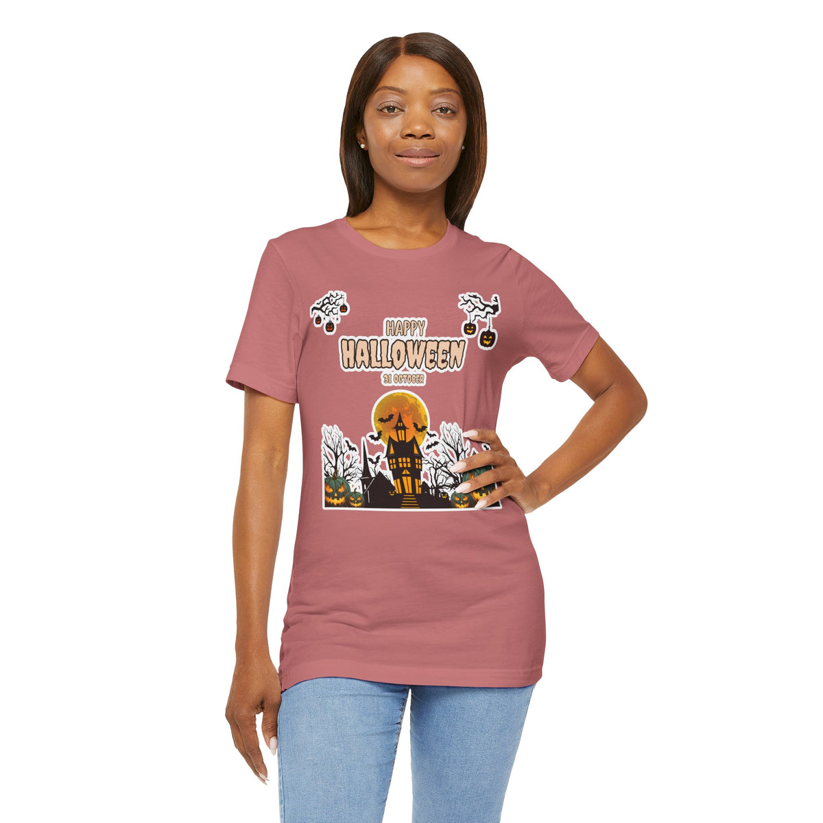 Halloween Haunted House T-Shirt — "Happy Halloween" Pumpkin Spooky Tee