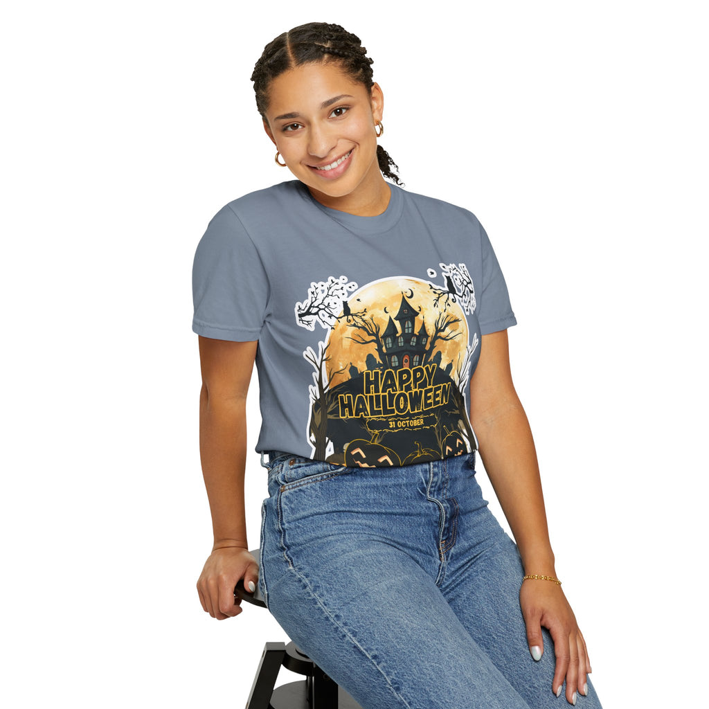 Halloween Haunted House T-Shirt — "Happy Halloween" Pumpkin Graphic Tee