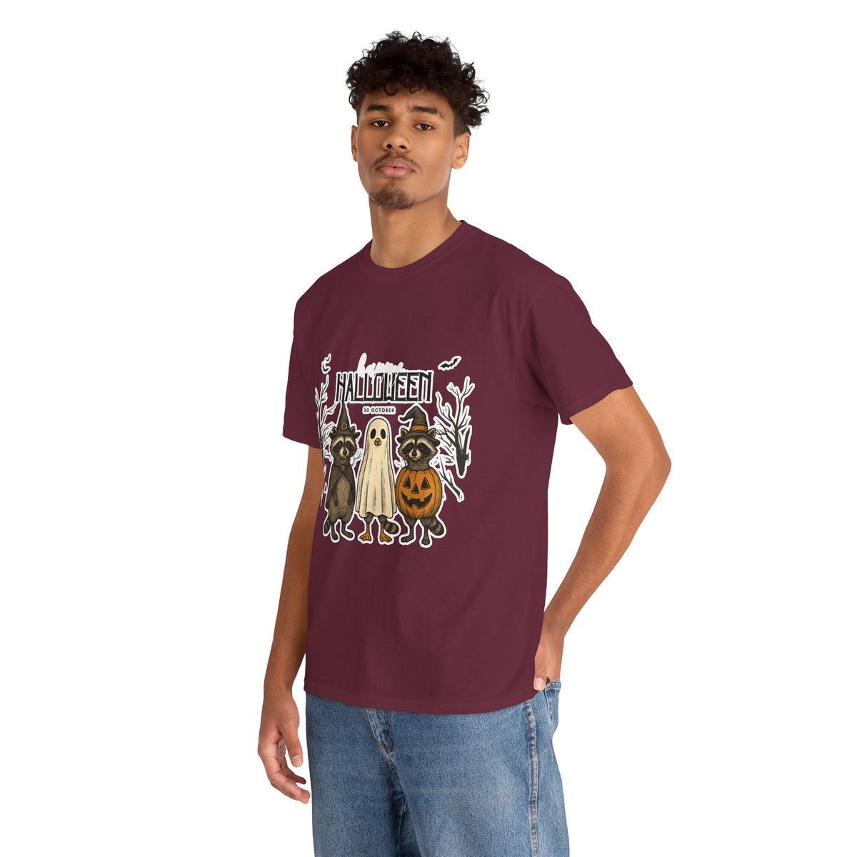 Halloween Raccoon Ghost Pumpkin T‑Shirt — Cute Spooky Costume Trio Tee