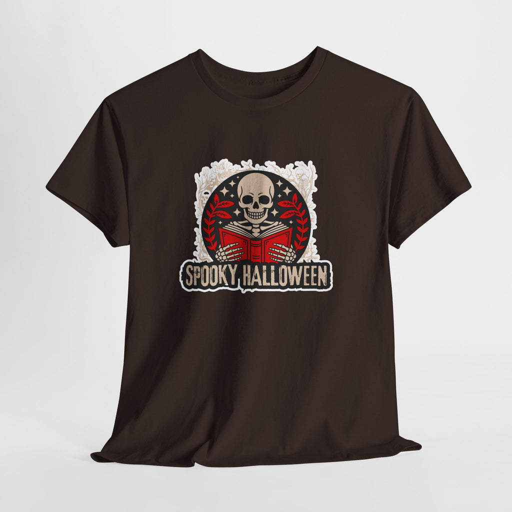 Spooky Halloween Skull Tee — Vintage Skeleton Reading Book Halloween T-Shirt