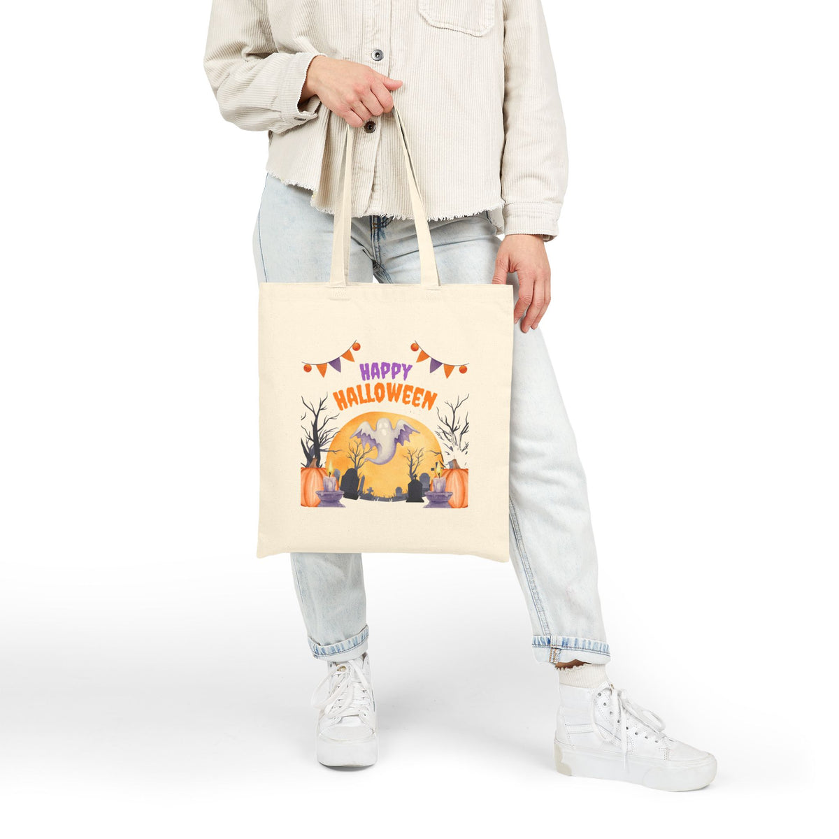 Halloween Tote Bag — "Happy Halloween" Ghost Pumpkin Canvas Tote