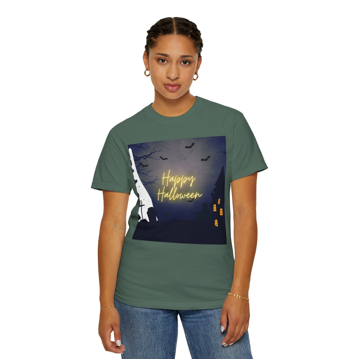 Halloween Night T-Shirt — "Happy Halloween" Haunted Graveyard Design
