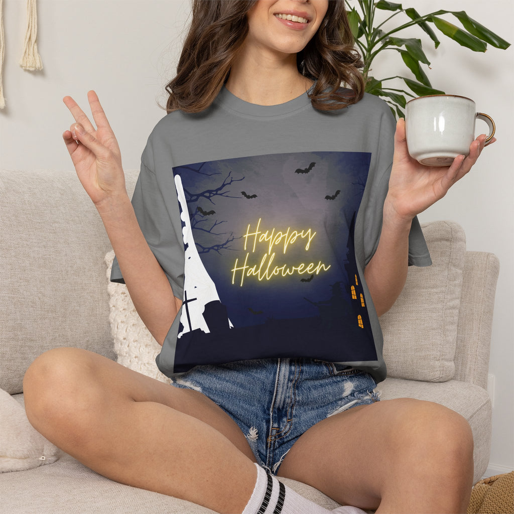 Halloween Night T-Shirt — "Happy Halloween" Haunted Graveyard Design