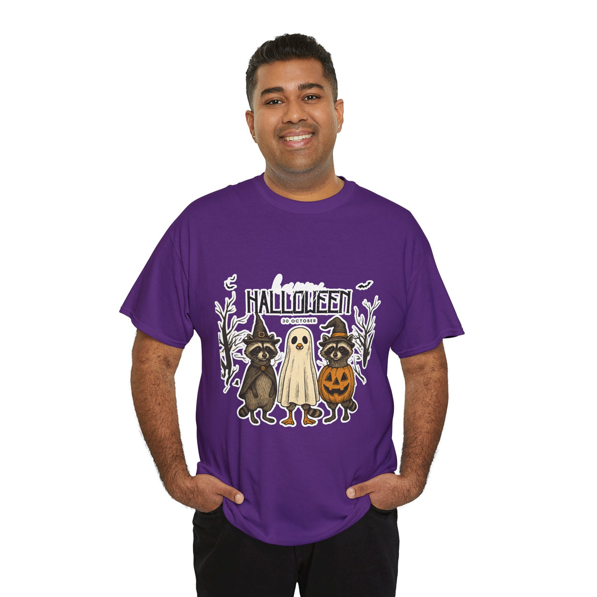Halloween Raccoon Ghost Pumpkin T‑Shirt — Cute Spooky Costume Trio Tee