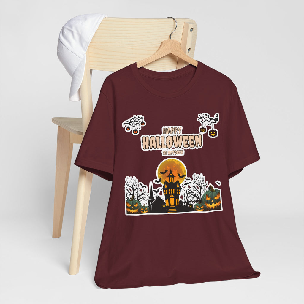Halloween Haunted House T-Shirt — "Happy Halloween" Pumpkin Spooky Tee