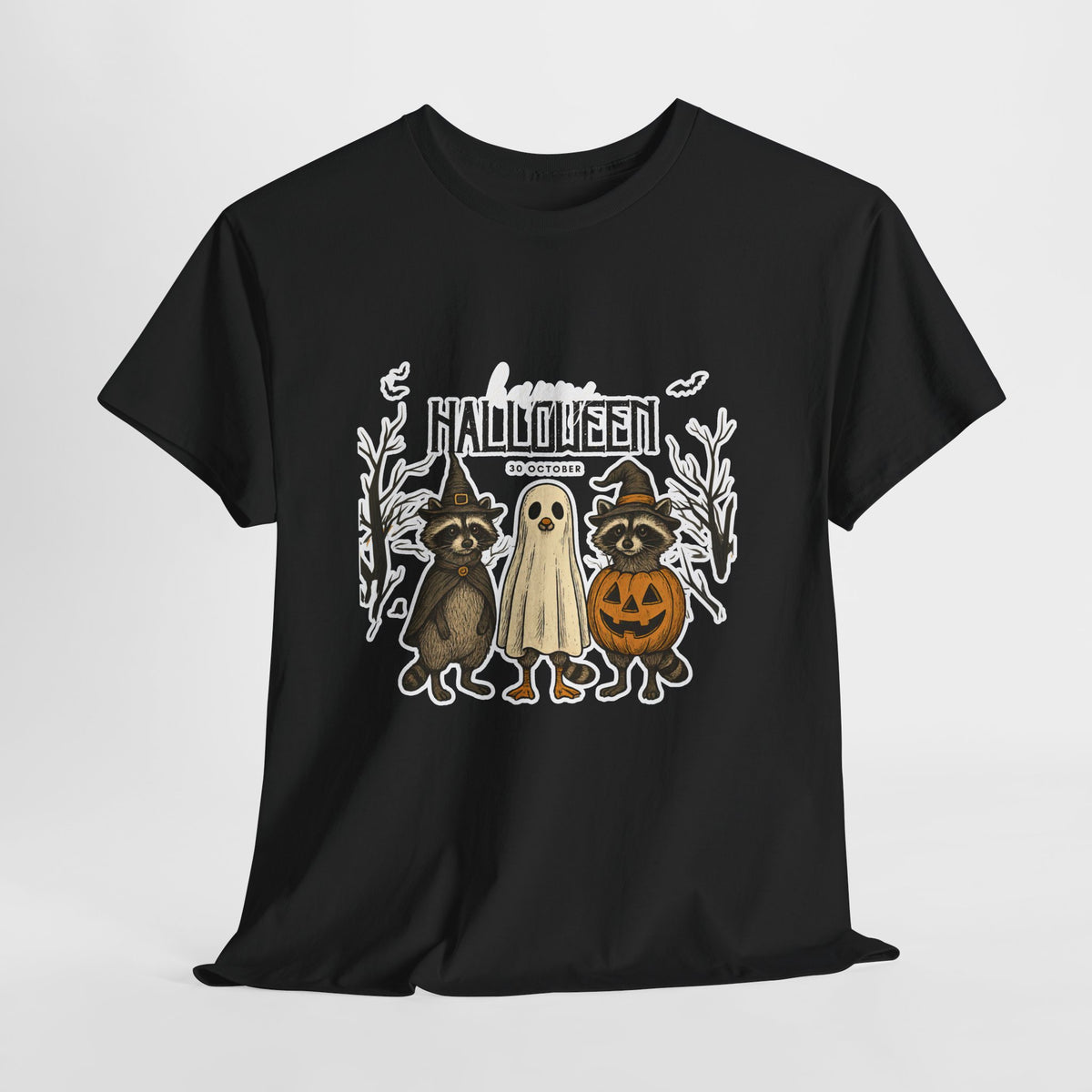 Halloween Raccoon Ghost Pumpkin T‑Shirt — Cute Spooky Costume Trio Tee