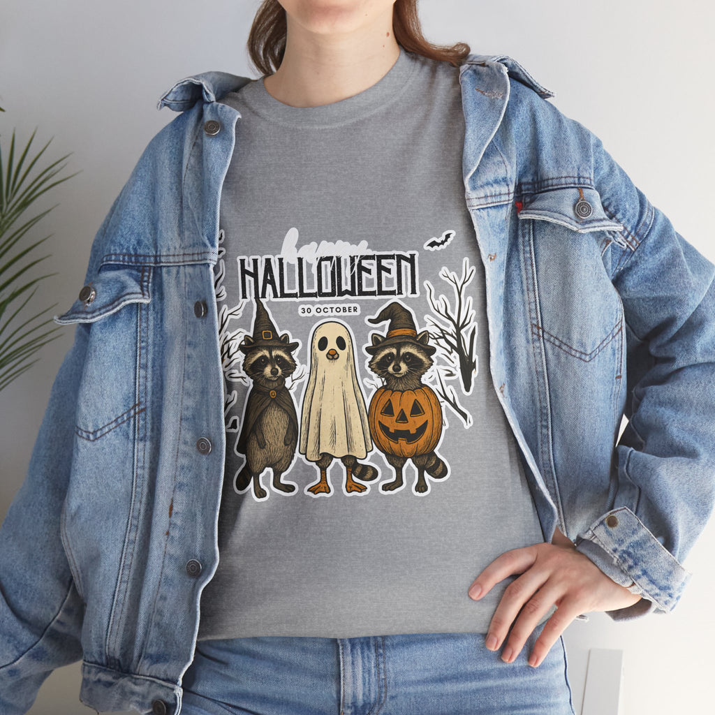 Halloween Raccoon Ghost Pumpkin T‑Shirt — Cute Spooky Costume Trio Tee