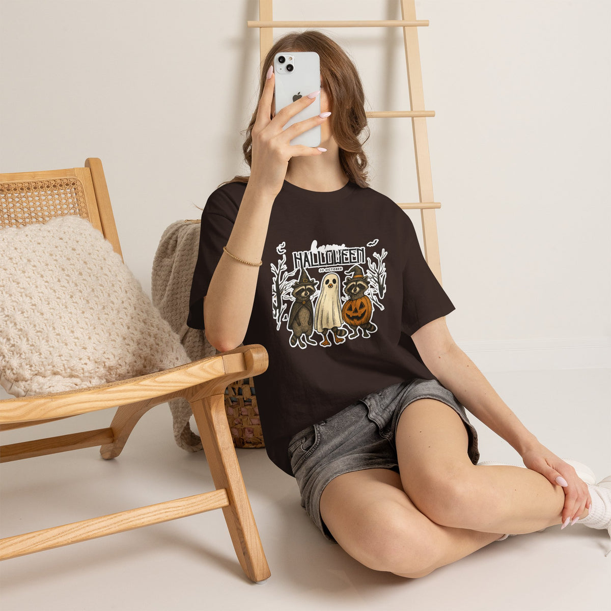 Halloween Raccoon Ghost Pumpkin T‑Shirt — Cute Spooky Costume Trio Tee