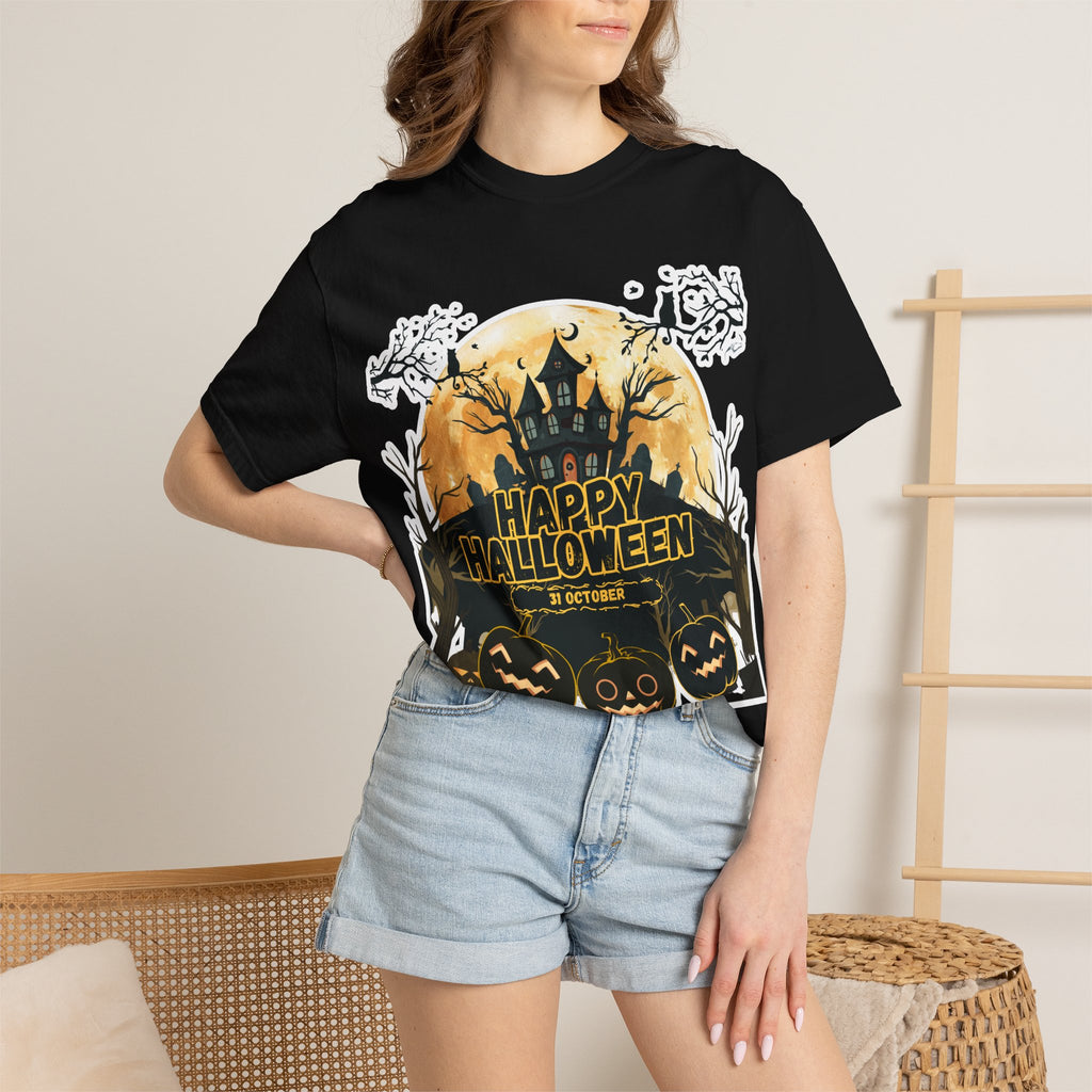 Halloween Haunted House T-Shirt — "Happy Halloween" Pumpkin Graphic Tee