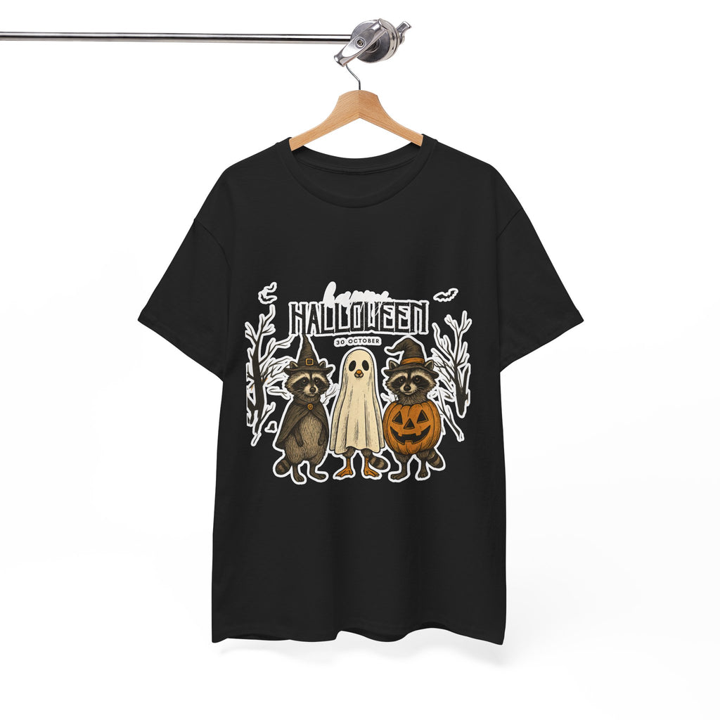Halloween Raccoon Ghost Pumpkin T‑Shirt — Cute Spooky Costume Trio Tee