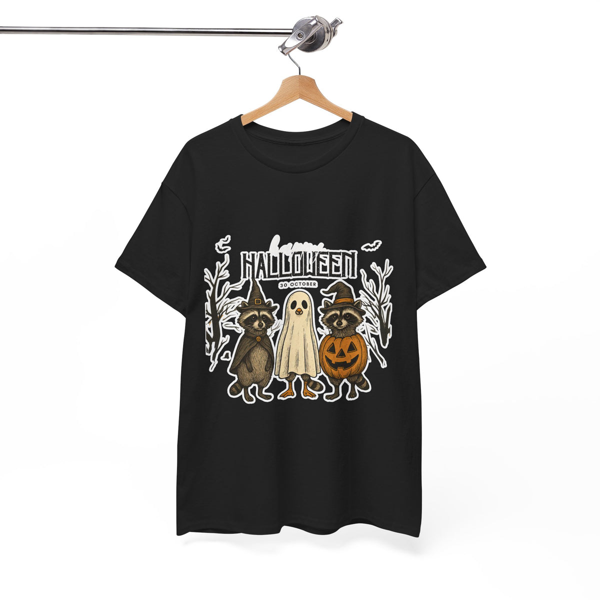 Halloween Raccoon Ghost Pumpkin T‑Shirt — Cute Spooky Costume Trio Tee