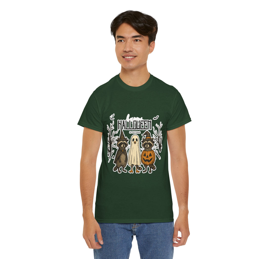 Halloween Raccoon Ghost Pumpkin T‑Shirt — Cute Spooky Costume Trio Tee