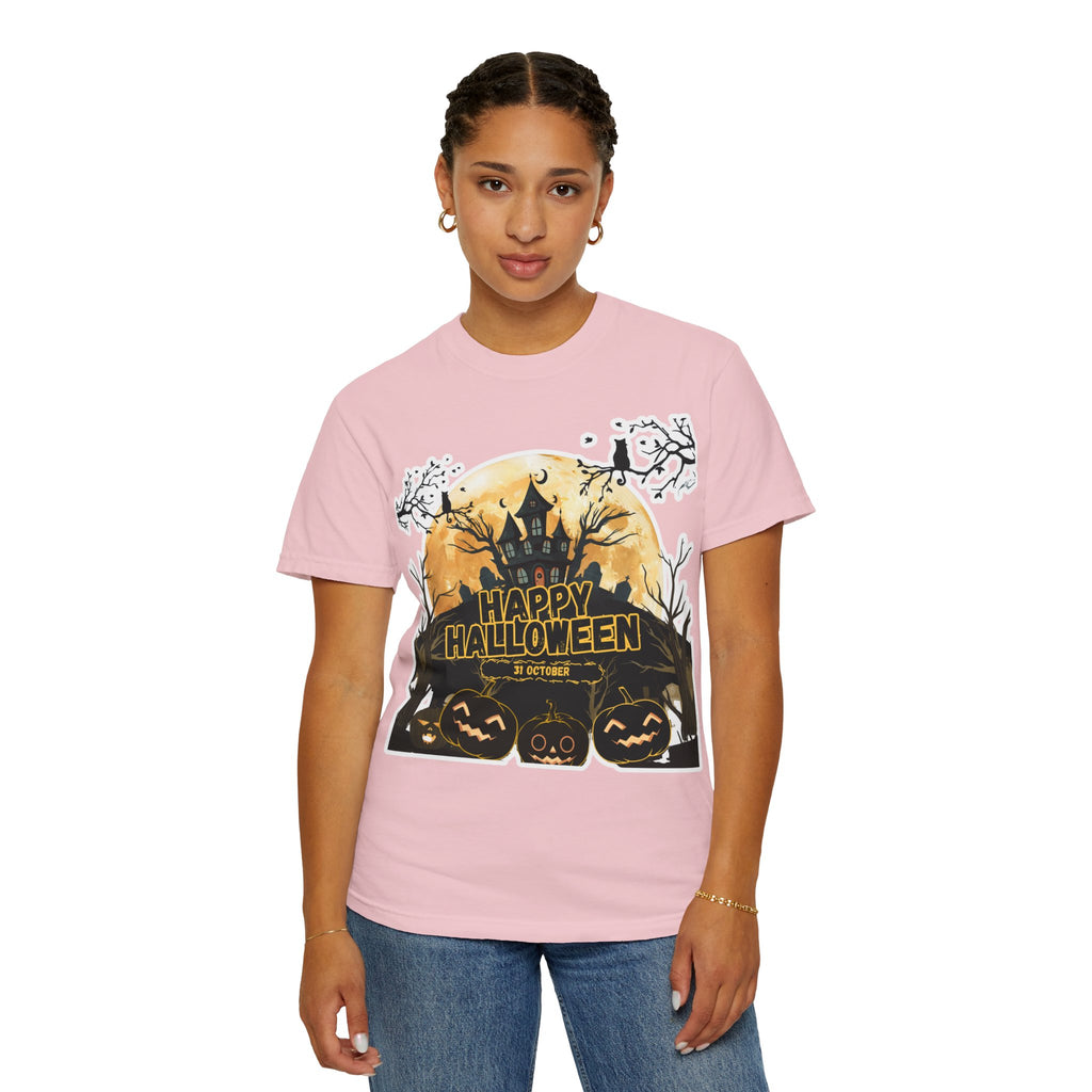 Halloween Haunted House T-Shirt — "Happy Halloween" Pumpkin Graphic Tee
