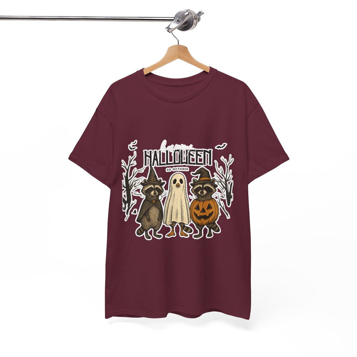 Halloween Raccoon Ghost Pumpkin T‑Shirt — Cute Spooky Costume Trio Tee