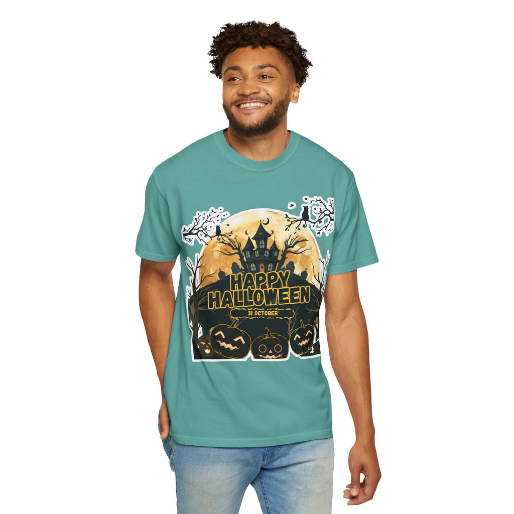 Halloween Haunted House T-Shirt — "Happy Halloween" Pumpkin Graphic Tee