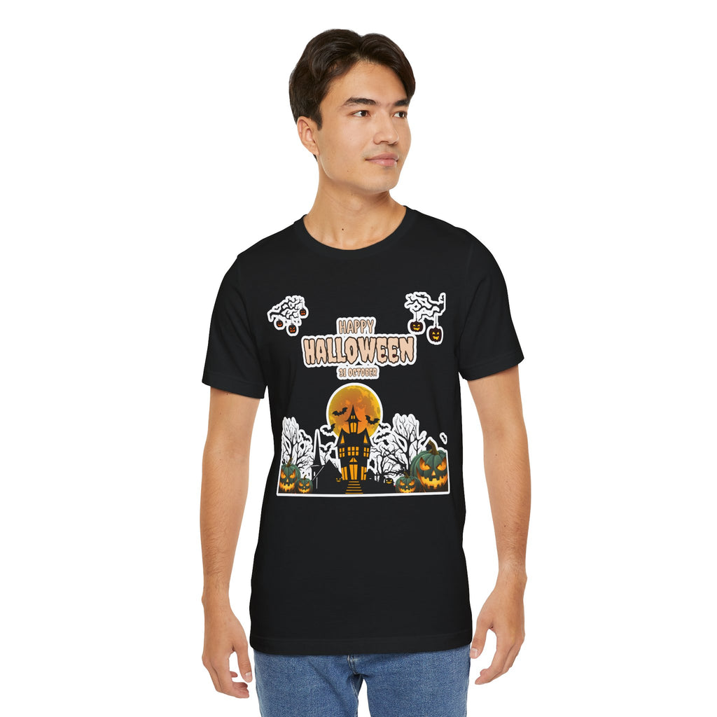 Halloween Haunted House T-Shirt — "Happy Halloween" Pumpkin Spooky Tee