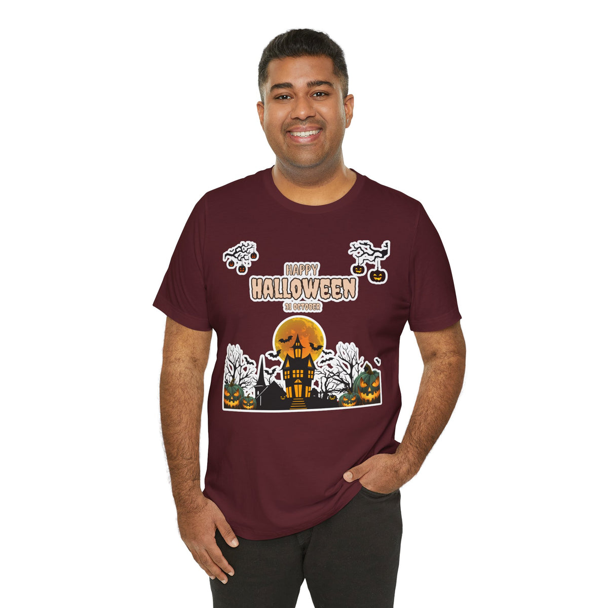 Halloween Haunted House T-Shirt — "Happy Halloween" Pumpkin Spooky Tee