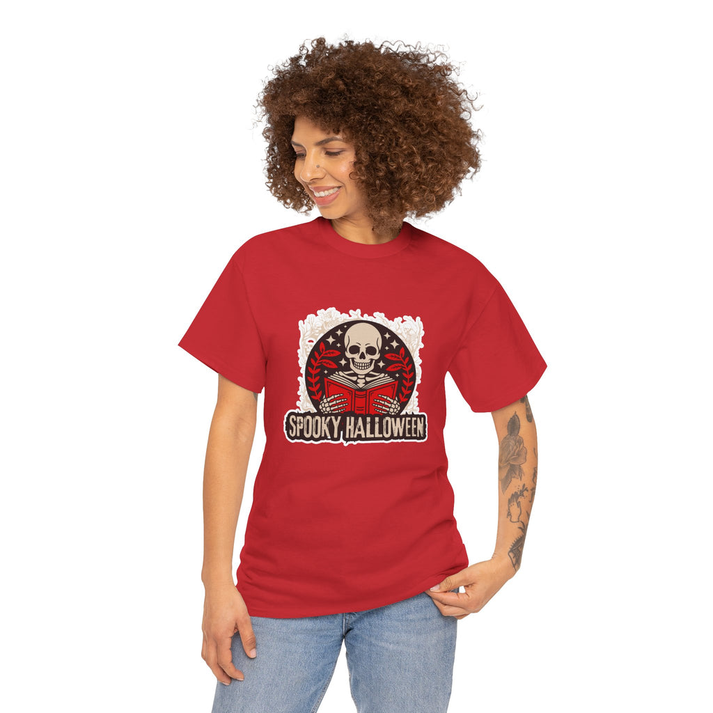 Spooky Halloween Skull Tee — Vintage Skeleton Reading Book Halloween T-Shirt