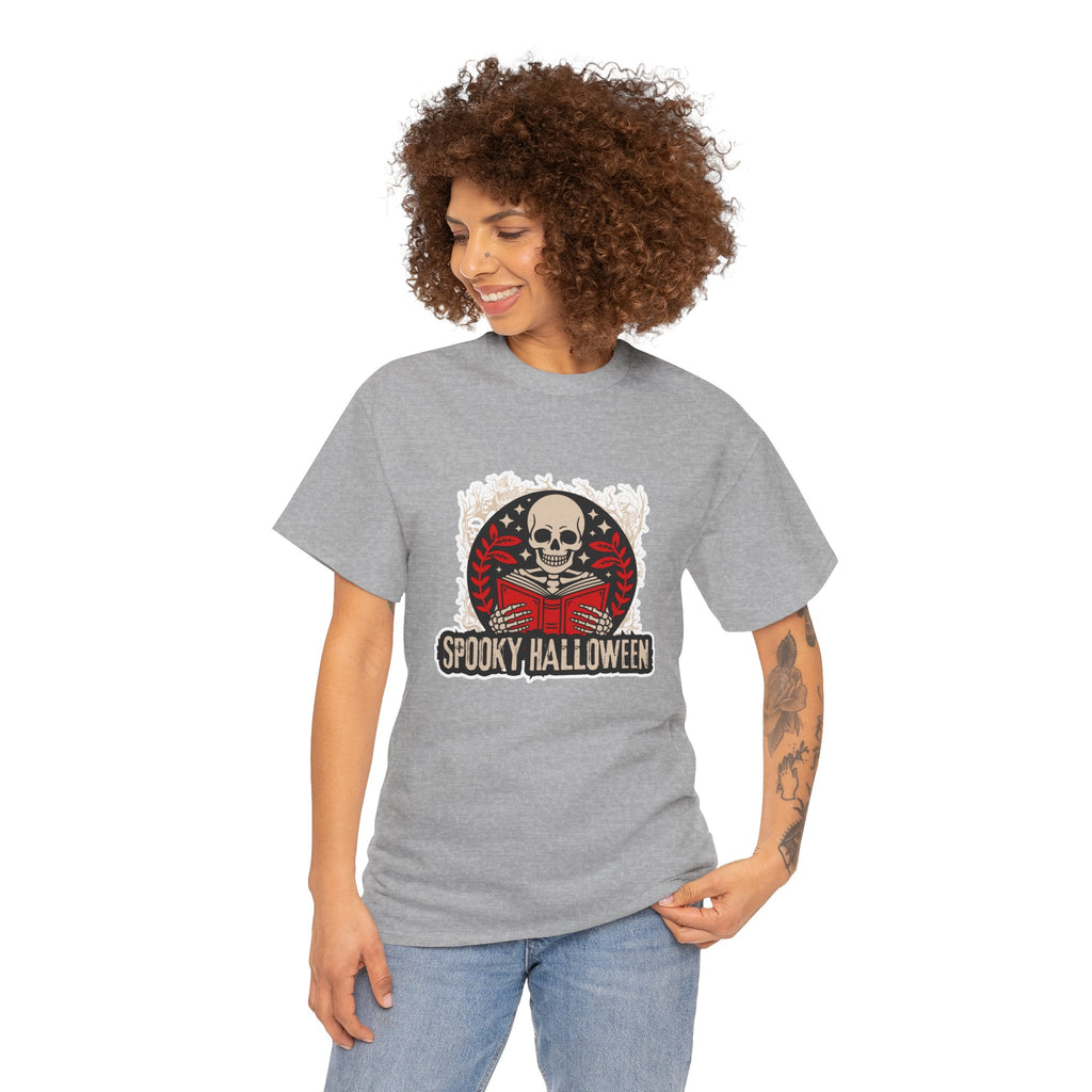 Spooky Halloween Skull Tee — Vintage Skeleton Reading Book Halloween T-Shirt