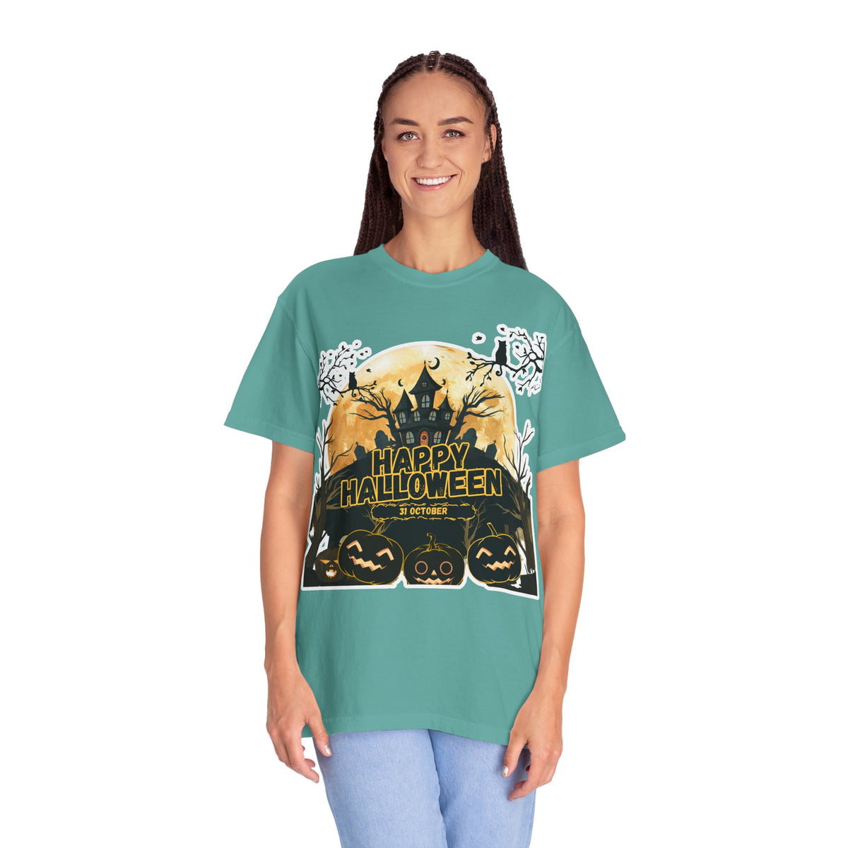 Halloween Haunted House T-Shirt — "Happy Halloween" Pumpkin Graphic Tee