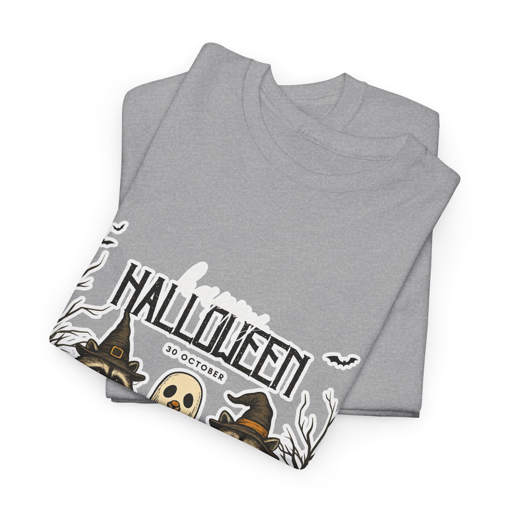 Halloween Raccoon Ghost Pumpkin T‑Shirt — Cute Spooky Costume Trio Tee