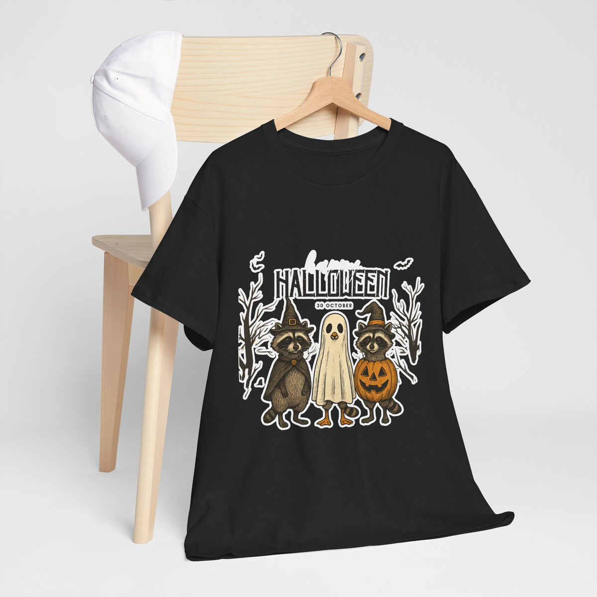 Halloween Raccoon Ghost Pumpkin T‑Shirt — Cute Spooky Costume Trio Tee